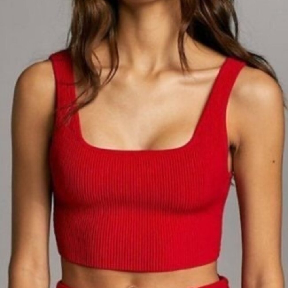 Sculpt Knit Squareneck Ribbed Cropped Tank Top in Red